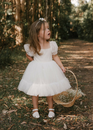 Puff Sleeves Ivory Cotton Tulle Sweet Flower Girl Dress